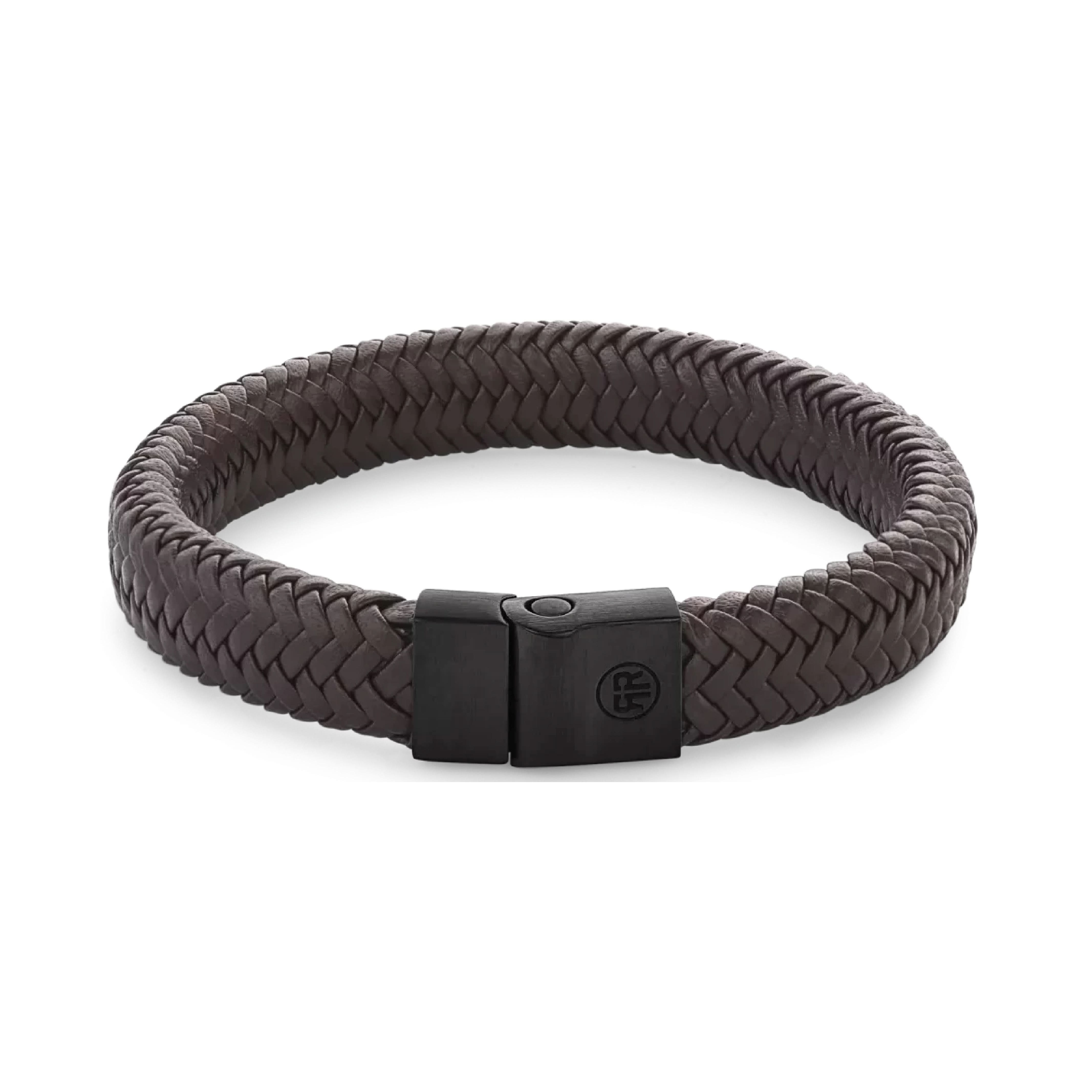 Pulsera de cuero trenzado, marrón oscuro, con cierre de acero inoxidable negro y grabado