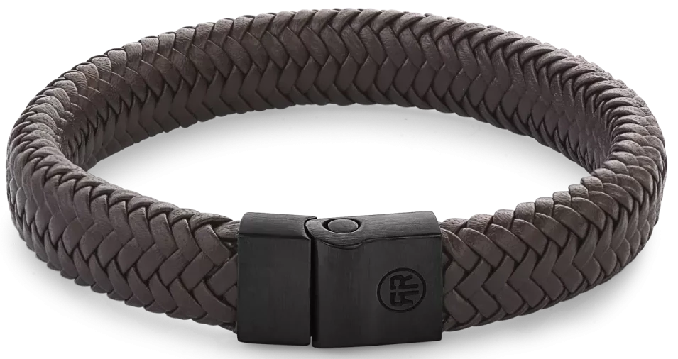 Pulsera de cuero trenzado, marrón oscuro, con cierre de acero inoxidable negro, rectangular