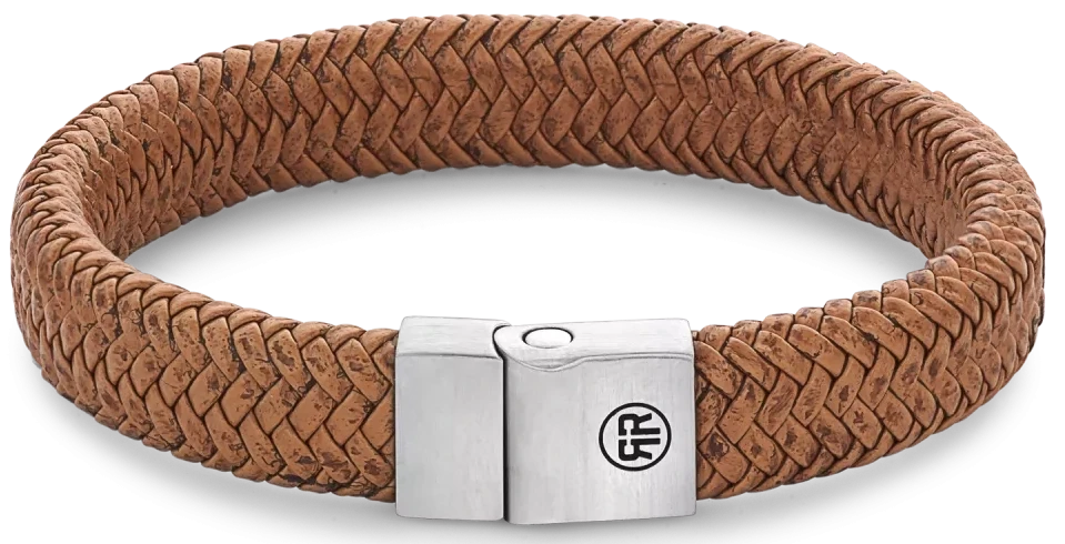 Pulsera de cuero trenzado marrón con cierre de acero inoxidable y emblema redondo con logo