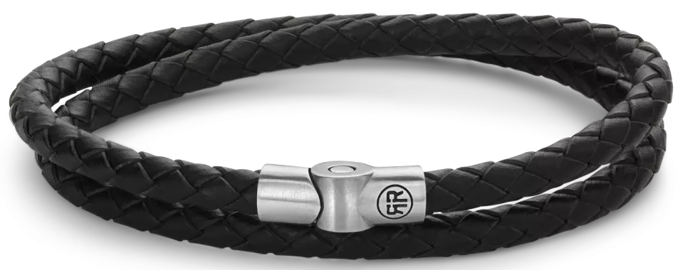 Pulsera de cuero negro trenzado con cierre de acero inoxidable