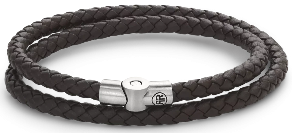 Pulsera de cuero marrón oscuro de dos cordones trenzados con cierre de acero inoxidable