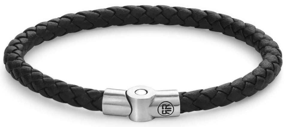 Pulsera de cordón de cuero negro trenzado con cierre de acero inoxidable, pieza central redonda