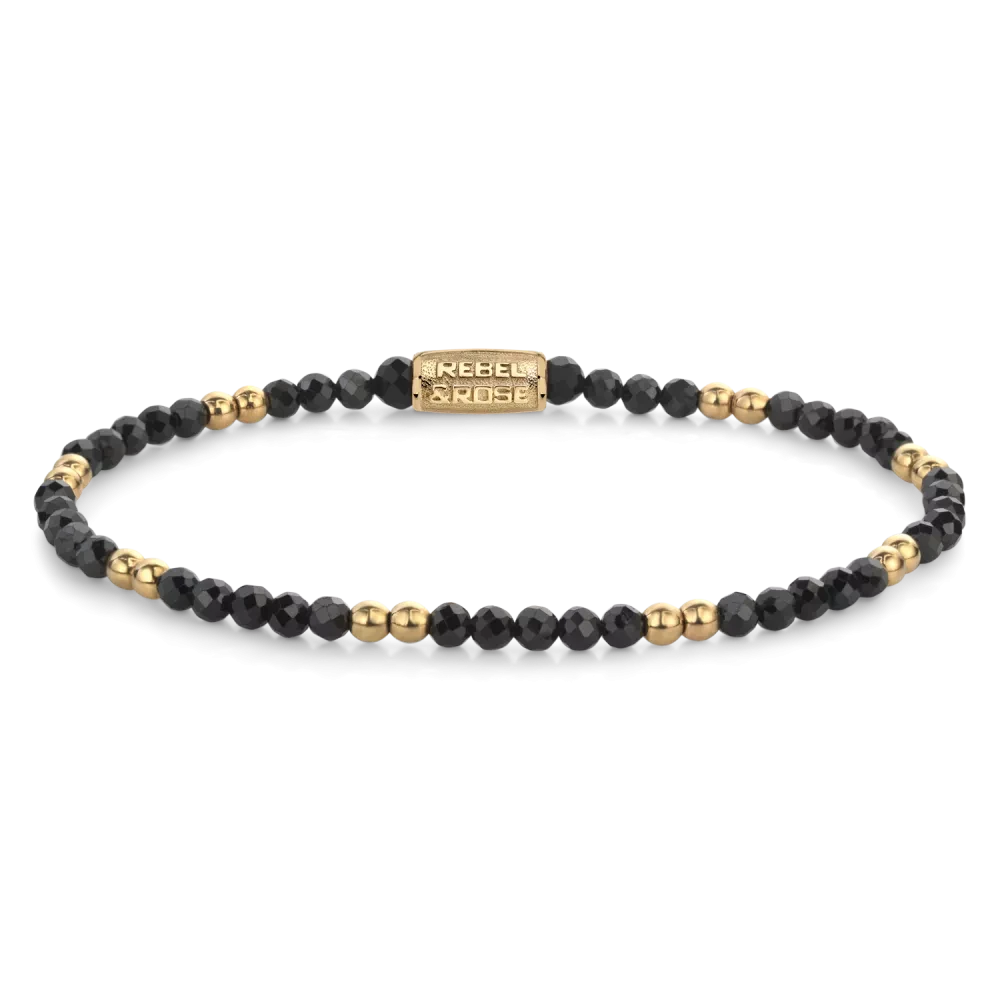 Pulsera con cuentas de piedras semipreciosas negras facetadas y cuentas doradas, Rebel&Rose