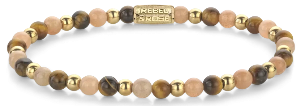 Pulsera con cuentas redondas de piedra en tonos marrón, dorado y rosa, con hilera de cuentas doradas