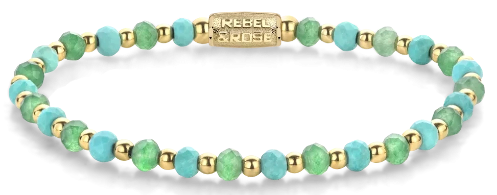 Pulsera con cuentas facetadas de turquesa y aventurina, cuentas espaciadoras doradas y cierre
