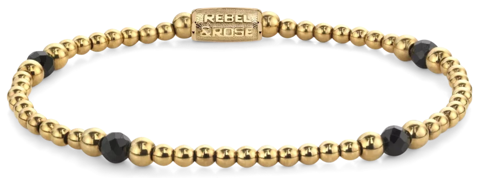Pulsera con cuentas de espinela negra facetada y cuentas de acero inoxidable chapado en oro