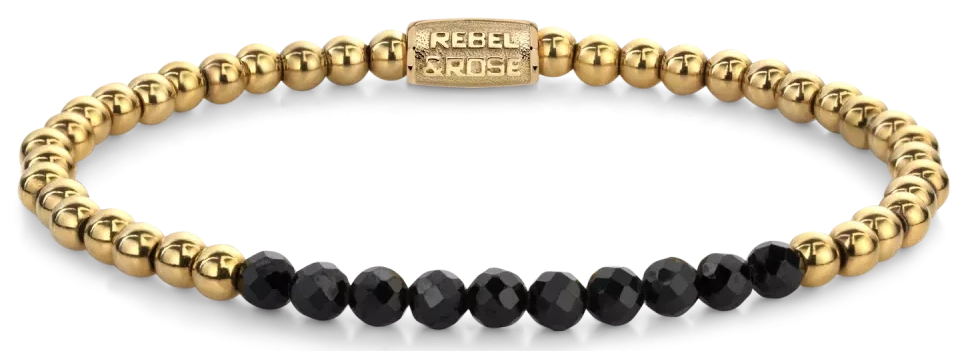 Pulsera con cuentas de espinela negra facetada y cuentas de acero inoxidable en tono dorado
