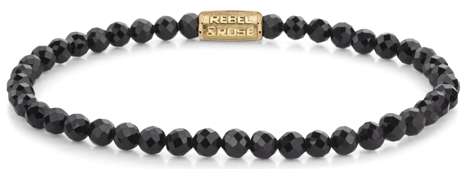 Pulsera con cuentas de espinela negra facetada y cierre de acero inoxidable, etiqueta Rebel&Rose