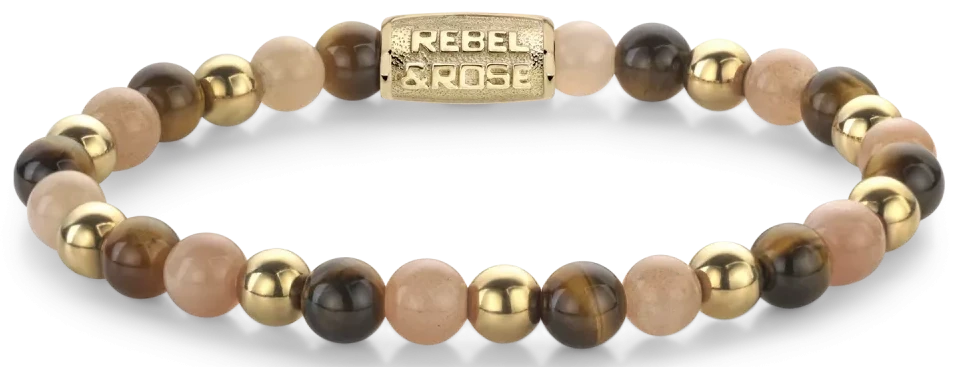 Pulsera con cuentas de piedra, cierre dorado, grabado REBEL & ROSE