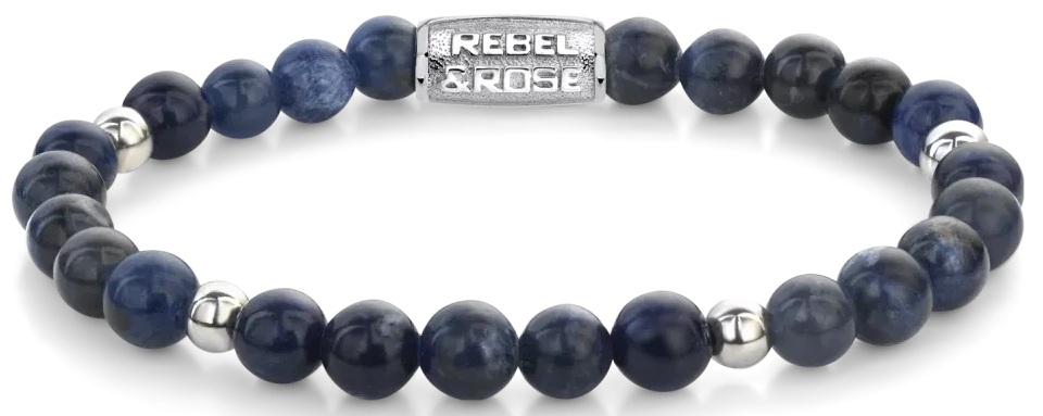 Pulsera Rebel&Rose con perlas de sodalita azul y cierre de acero inoxidable, piedras redondas