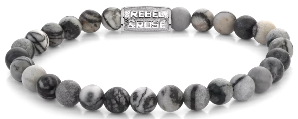 Pulsera con cuentas de ágata gris y cierre de acero inoxidable con colgante Rebel&Rose
