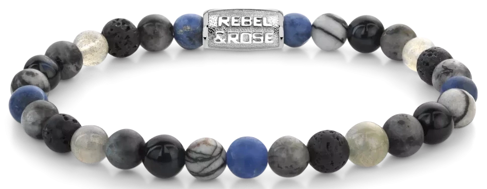 Pulsera con piedras redondas en azul, gris y negro y cierre de metal.