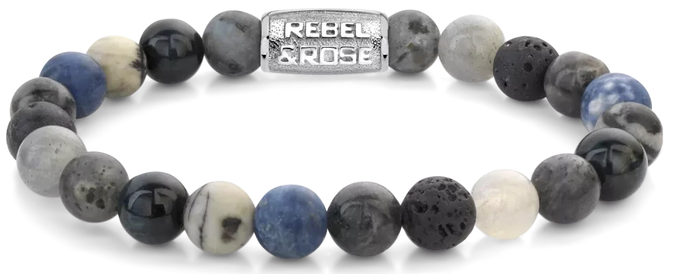 "Pulsera de piedra con cuentas redondas en gris y azul, cierre de metal con etiqueta"