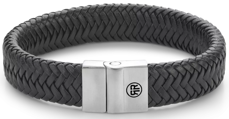 Pulsera de cuero negro trenzado con cierre de acero inoxidable, hebilla rectangular