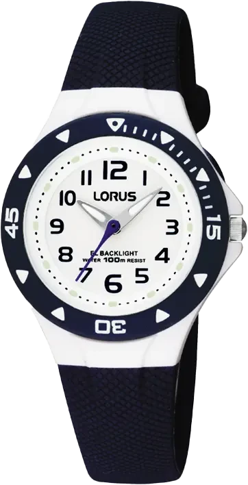 Lorus Reloj infantil con correa textil azul oscuro, bisel blanco y esfera azul