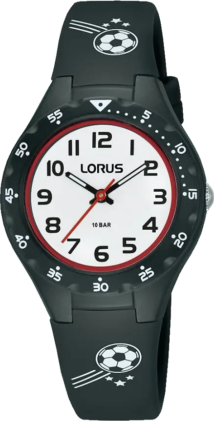 Reloj infantil con correa de silicona negra y diseño de fútbol, esfera redonda, visualización analógica.