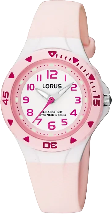 Reloj Lorus para niños con correa de plástico rosa claro y esfera redonda, números rosas