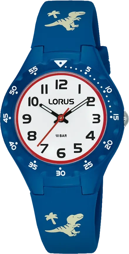Reloj infantil con correa azul y estampado de dinosaurios, esfera redonda blanca