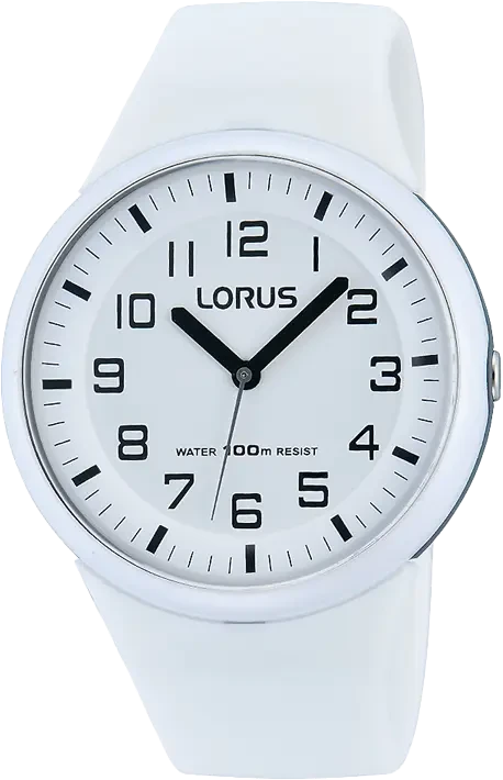 Reloj Lorus de cuarzo con correa de plástico blanca y esfera analógica, resistente al agua