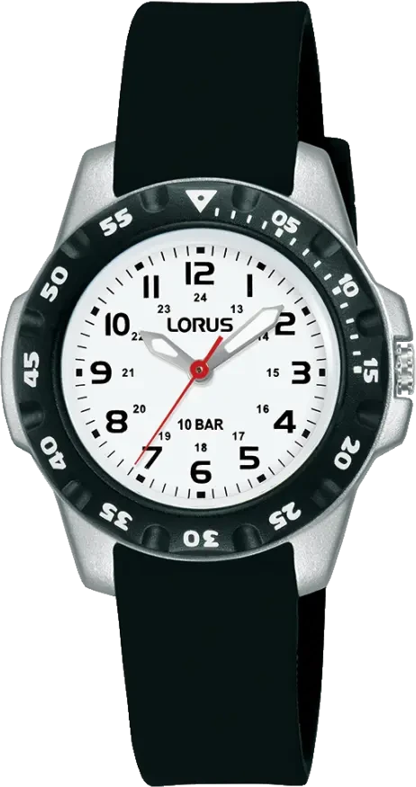 Lorus Reloj para mujer con correa de silicona negra, esfera redonda y segundero rojo