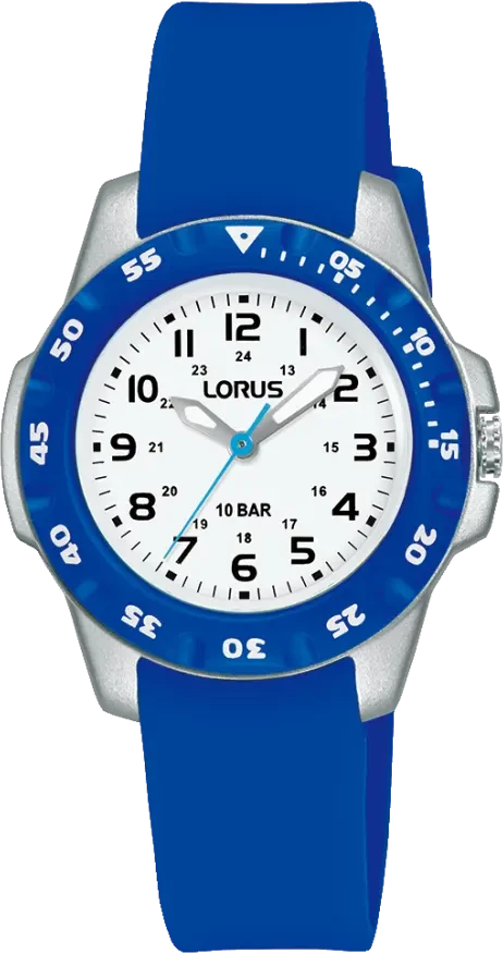 Reloj Lorus para niña con correa de silicona azul, caja redonda de acero y esfera azul