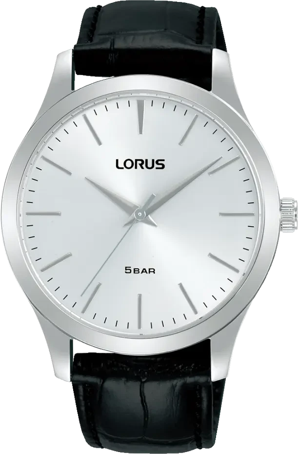Pulsera de hombre Lorus con caja plateada, esfera blanca y correa de cuero negra