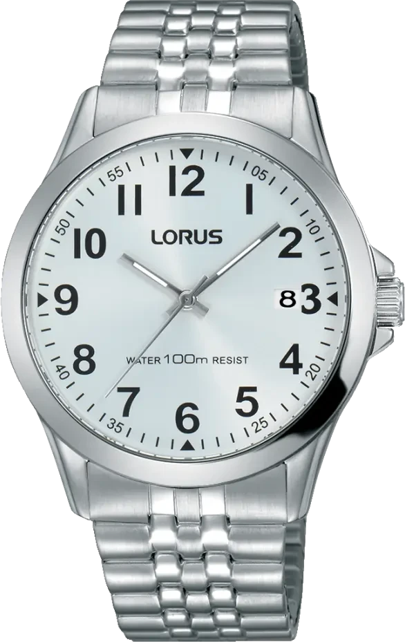 Pulsera de hombre con correa de acero inoxidable plateado y esfera blanca, visualización analógica de la hora