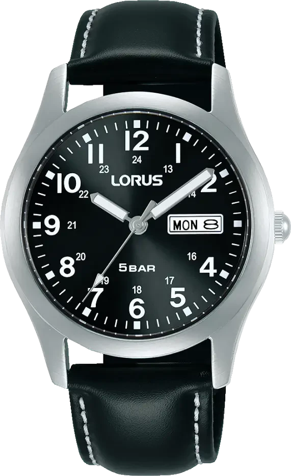 Reloj de pulsera para hombre Lorus con esfera negra, indicador de fecha "MON", caja plateada, correa de piel