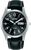 Reloj de pulsera para hombre Lorus con esfera negra, indicador de fecha "MON", caja plateada, correa de piel