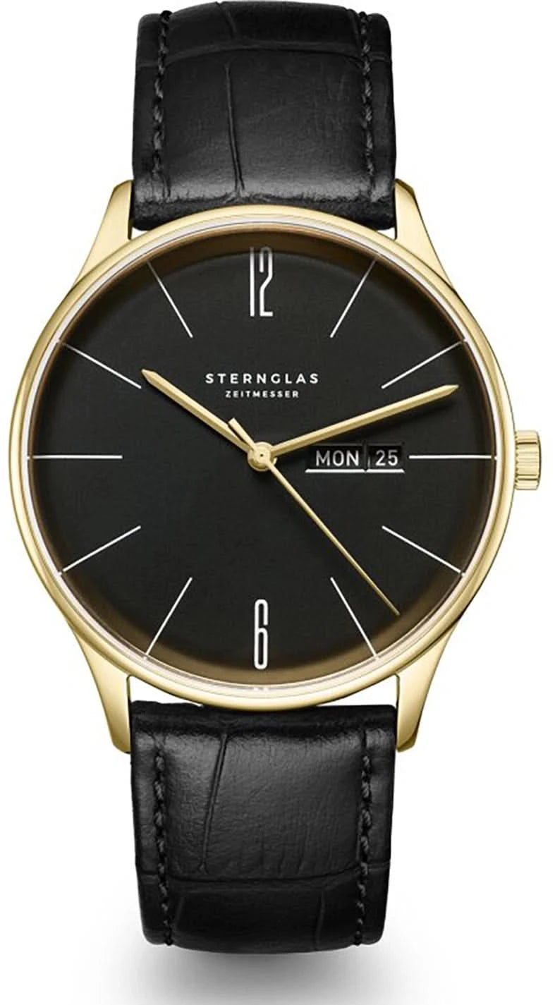 Reloj Sternglas para hombre con correa de cuero negra y esfera negra, bisel dorado
