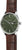 Reloj unisex, vista frontal, con esfera verde, correa de cuero marrón y fecha a las 3.