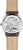 Vista trasera de reloj unisex con correa de cuero marrón y tapa trasera plateada con gráfico de ciudad.