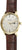 "Reloj unisex con esfera beige, bisel dorado y correa de cuero marrón"