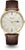 "Reloj unisex con esfera beige, bisel dorado y correa de cuero marrón"