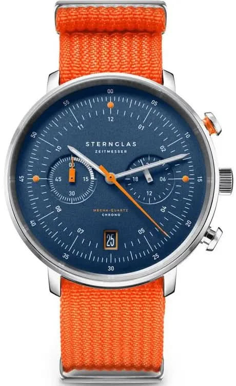 Reloj de hombre Sternglas con esfera azul, correa textil naranja y ventana de fecha