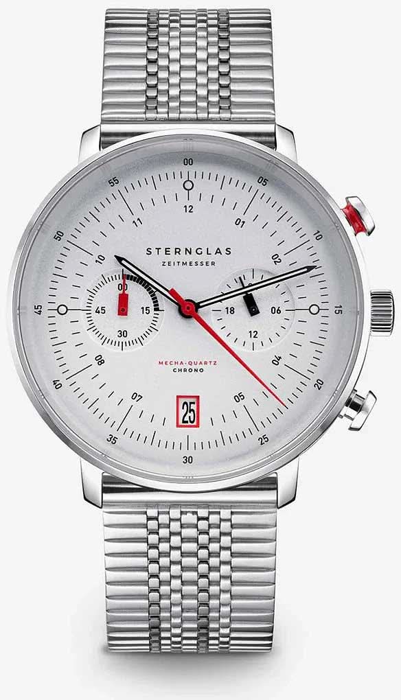 Reloj de hombre con esfera plateada, manecillas rojas y correa de acero inoxidable