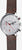 Reloj de hombre frontal con vista de la correa: esfera blanca, correa de cuero marrón, manecillas rojas