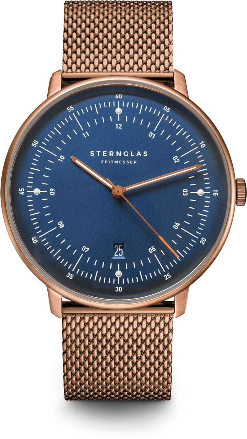 Reloj de hombre con esfera azul, bisel en oro rosa y correa de malla metálica