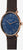 Reloj de hombre con esfera azul, correa de cuero marrón y corona visible, oro rosa