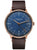 Reloj de hombre con esfera azul, bisel en oro rosa y correa de cuero marrón