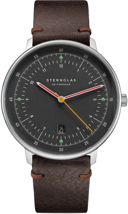 Reloj de hombre con correa de cuero marrón, esfera negra, manecillas de colores, ventana de fecha