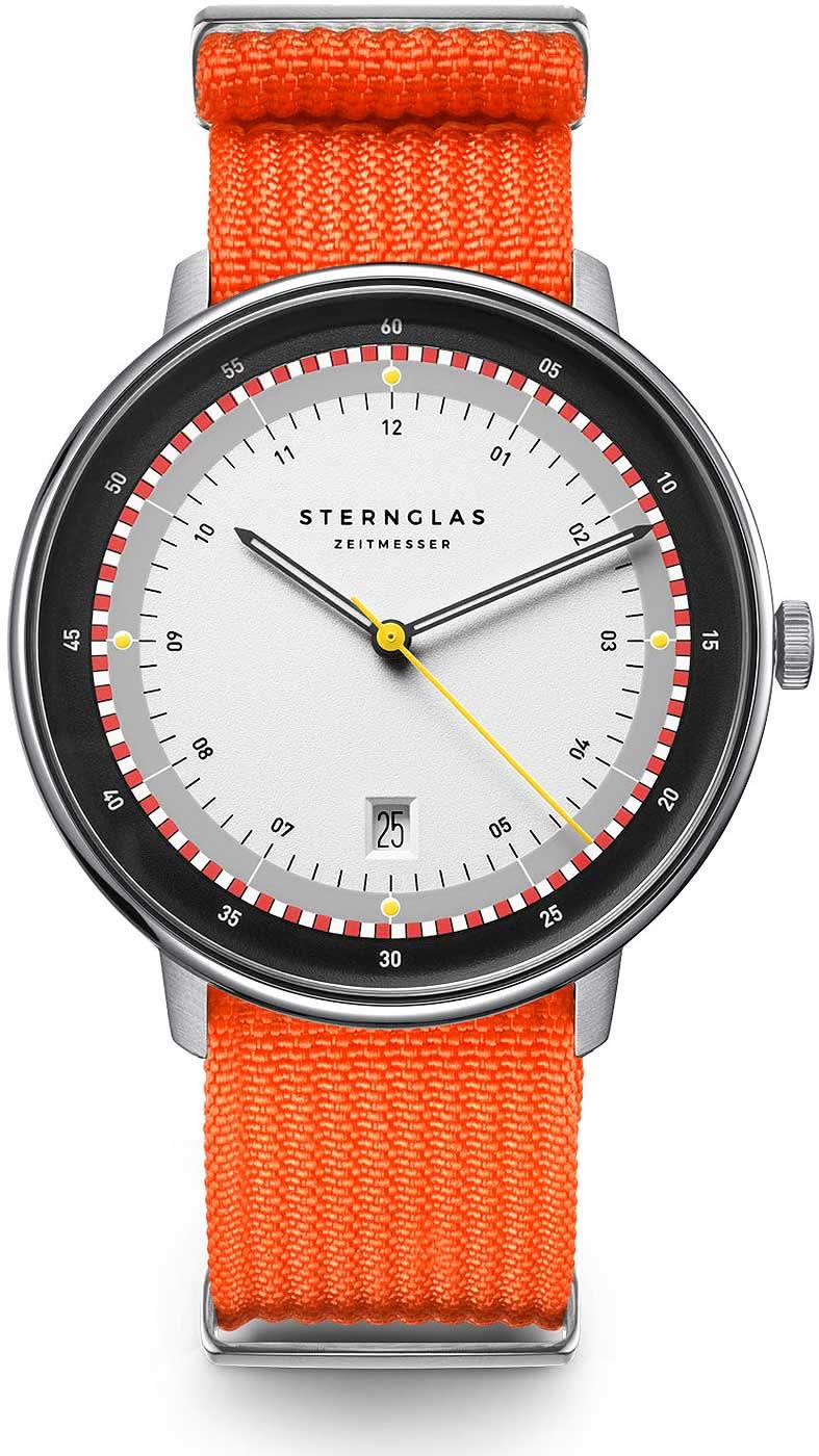 Reloj de hombre con correa textil naranja, esfera redonda blanca y bisel negro