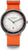 Reloj de hombre con correa textil naranja, esfera redonda blanca y bisel negro