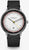 Reloj de hombre con correa de cuero negra, esfera blanca y bisel plateado.