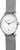 Reloj unisex con esfera blanca, manecillas azules y correa de malla metálica.