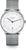 Reloj unisex con esfera blanca, manecillas azules y correa de malla metálica.
