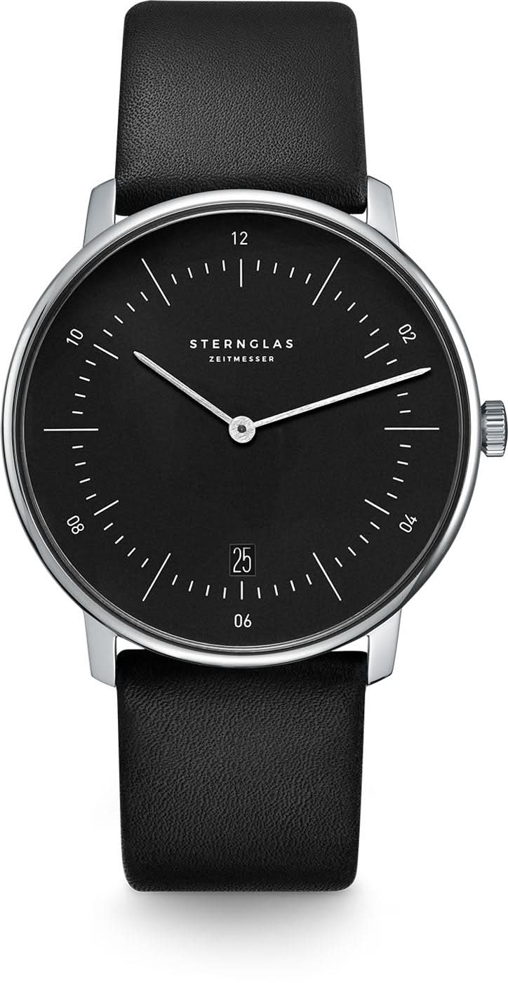 Reloj de hombre con esfera negra, correa de cuero negra y cristal de zafiro