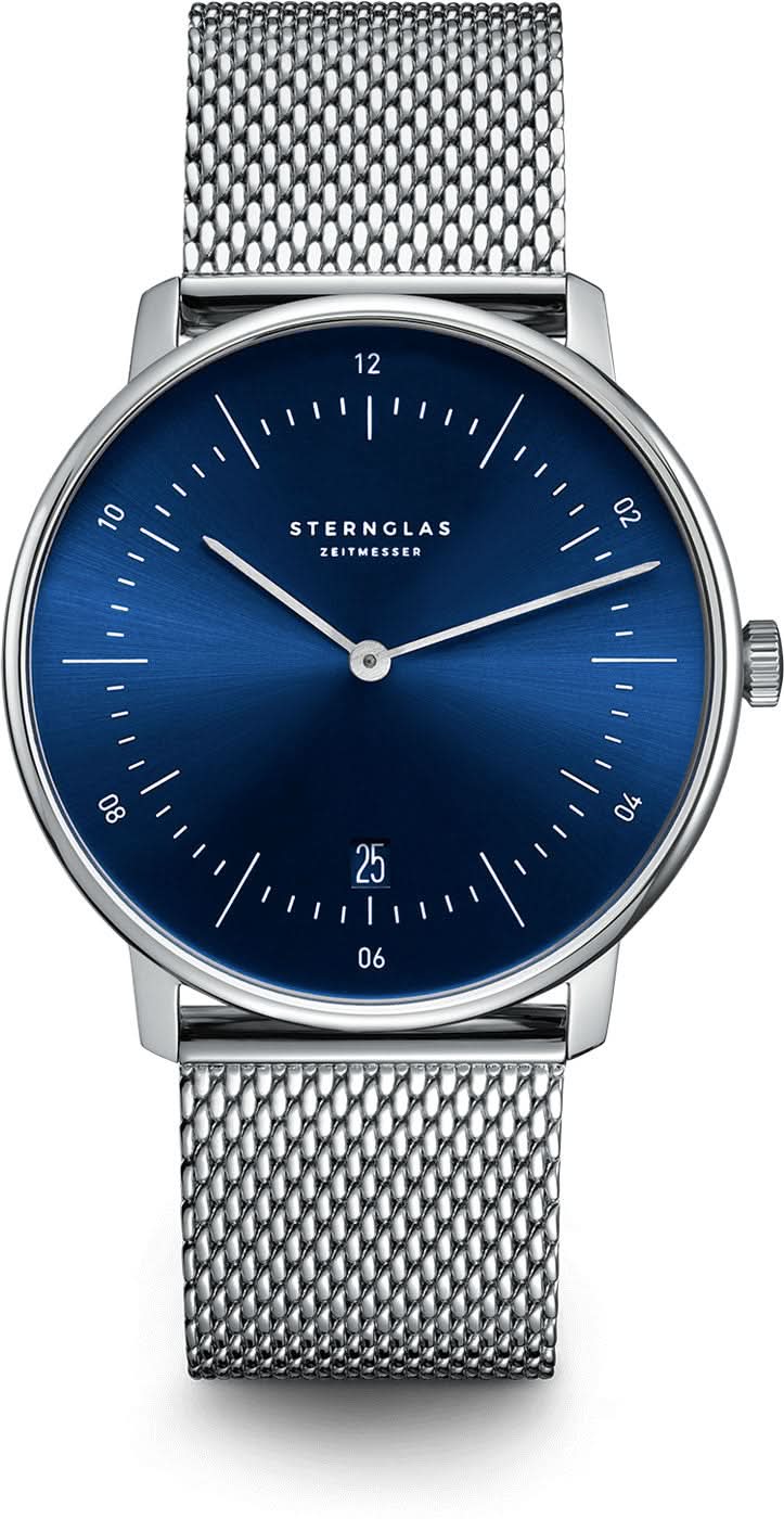 Pulsera de hombre con esfera azul, caja delgada y correa de malla metálica
