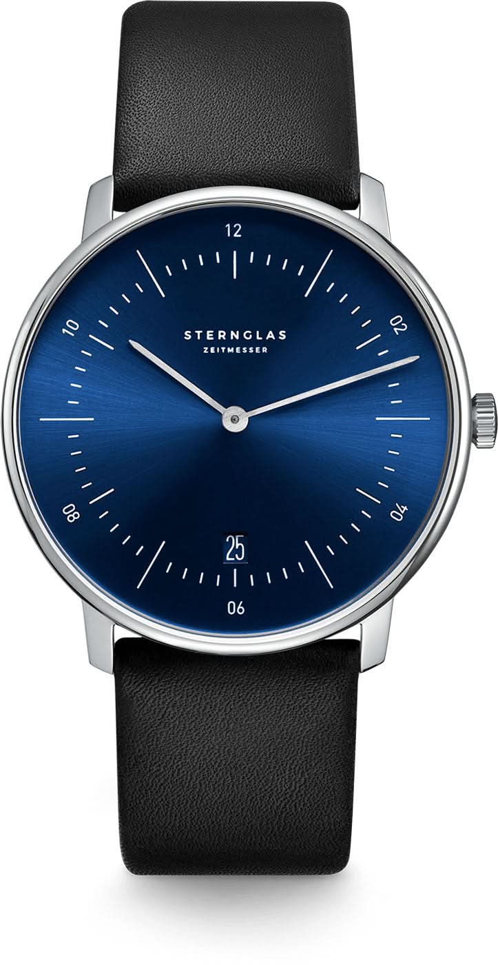 "Reloj unisex: esfera azul, correa de cuero negra, manecillas e índices plateados"