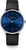 "Reloj unisex: esfera azul, correa de cuero negra, manecillas e índices plateados"